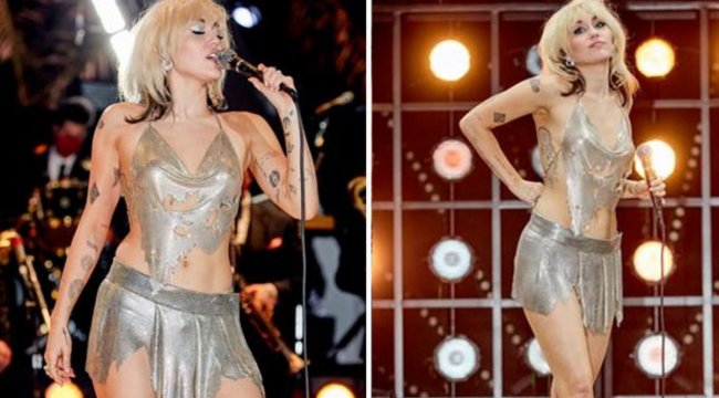 Bluzu düşen genç şarkıcı Miley Cyrus, sahnede çıplak kaldı