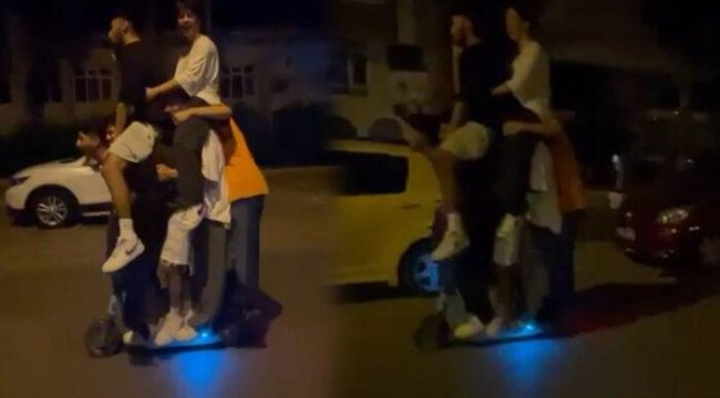 Sosyal medyada tepki çeken görüntüler! Elektrikli scooter'a 6 kişi bindi...