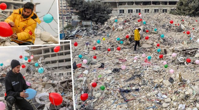 Hatay'da depremde ölen çocuklar için enkaz alanlarına renkli balon koydular